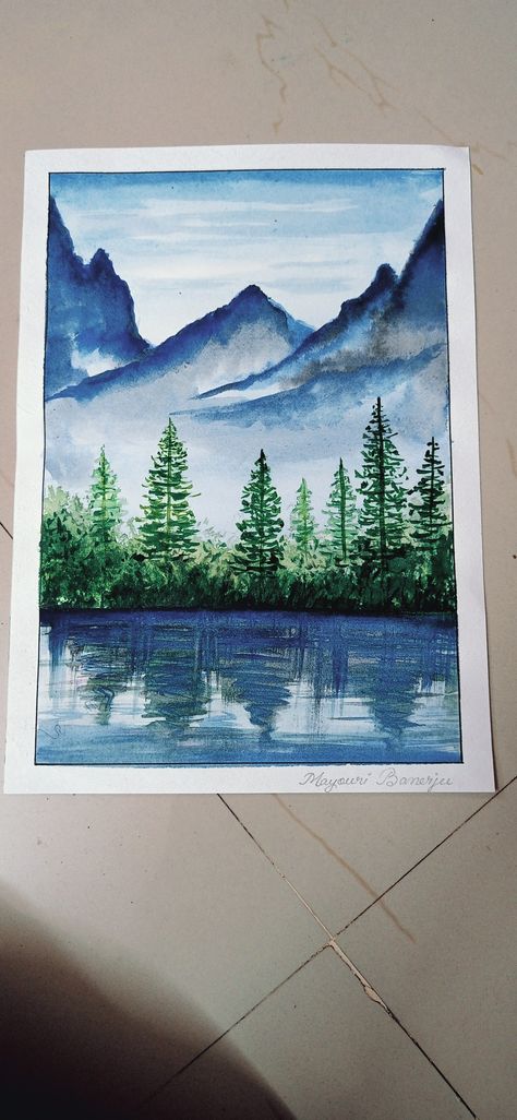 Mountains Scenery Drawing, Mountain Scenery Watercolor, Colourful Scenery Painting, Watercolor Scenery Drawing, Scenery Drawing With Colour Pencil, Water Colour Sketches Drawings, Water Colour Senary, Nature Drawing With Pencil Colour, Water Colour Drawing Scenery