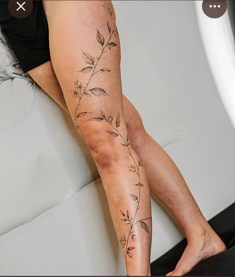 Up The Leg Tattoos, Poison Ivy Leg Tattoo, Plant Tattoo Wrap Around, Botanical Leg Wrap Tattoo, Line Work Leg Tattoos Women, Leg Leaf Wrap Tattoo, Simple Full Leg Tattoo Female, Vine Leg Tattoo Men, Vine Going Up Leg Tattoo