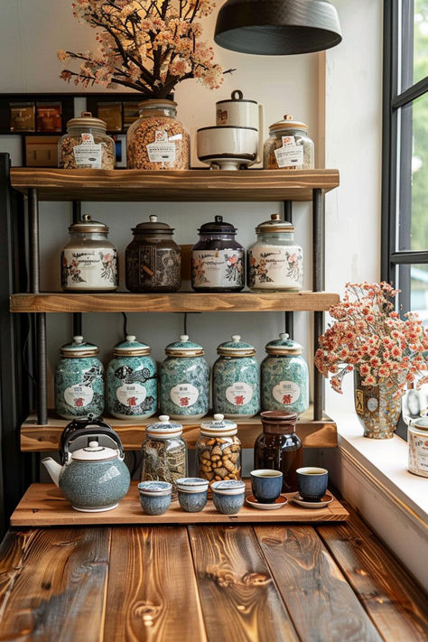 35 Amazing Tea Station Designs for Tea Lovers Herbal Tea Station Ideas, Tea Collection Display, Diy Tea Bar Station, Tea Shelf Organization, Loose Leaf Tea Station, Tea Display Ideas Retail, Tea Station Aesthetic, Tea Making Station, Tea Shelf Display