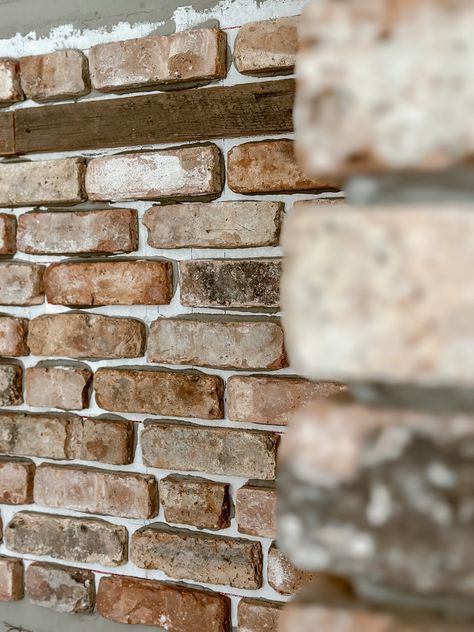 White Cottage Farm Kitchen Reno - The Brick Stove Cove Start - Liz Marie Blog Over Grouted Brick Backsplash, White Wash Brick Tile Backsplash, Brick Or Stone Backsplash, Brick Cottage Kitchen, Brick Accent Kitchen, Brick Behind Stove, Vintage Brick Backsplash Kitchen, Brick Wall Interior Kitchen, Brick Accent Wall Kitchen