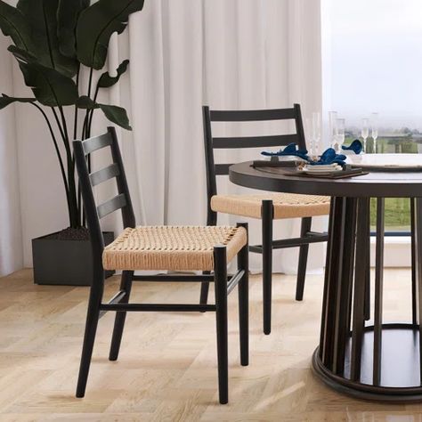 Birch Lane™ Windhaven Dining Chair - Black/black Woven Seat | Wayfair Dining Chair Wood, Rattan Bar, Log Cabin Interior, Rattan Bar Stools, Beach Street, New House Kitchen, Chair Wood, Solid Wood Dining Chairs, Mid Century Dining