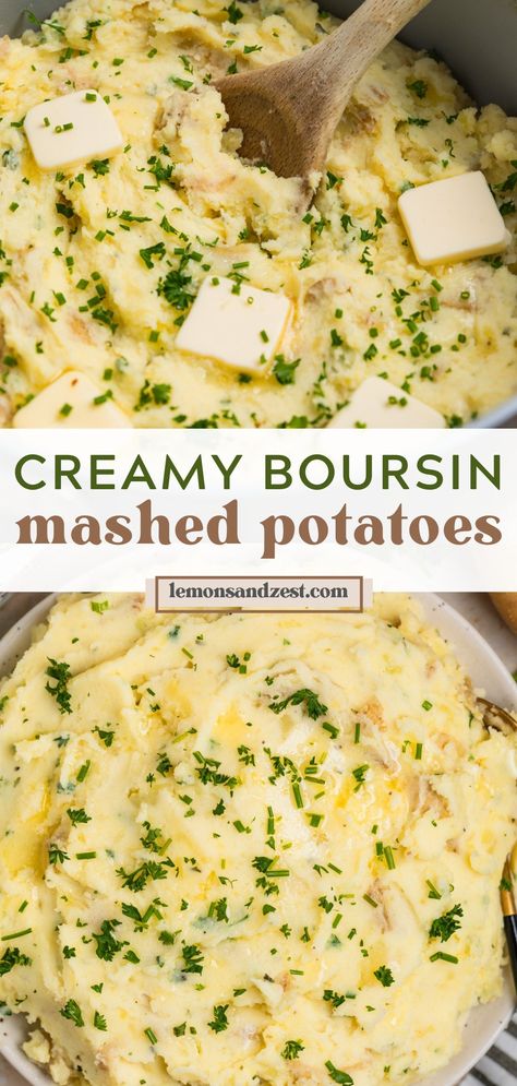 These thick and creamy Boursin Mashed Potatoes are everything you love about mashed potatoes with the delicious flavor of Boursin Cheese. An easy dish to prepare and ready in just 30 minutes, this recipe is going to be a favorite side to everything from weeknight dinners to holiday spreads! Mashed Potatoes Boursin Cheese, Gruyere Mac And Cheese, Boursin Mashed Potatoes, Green Beans Roasted, Breakfast Peanut Butter, Sage Stuffing, Parmesan Mashed Potatoes, Simple Treats, Cheese Mashed Potatoes