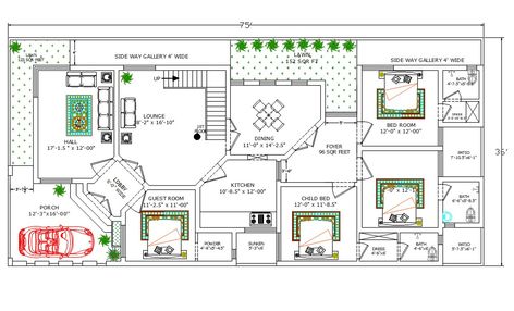 36X75 feet architecture house ground floor plan with furniture layout AutoCAD drawing includes 4 bedrooms with an attached toilet including guest room, 17'X12' hall, wide lounge, dining area, modular kitchen, 69 sq ft foyer, garden lawn, and 12X16 feet car parking porch area. download 2700 square feet house furniture layout plan drawing DWG file. Floor Plan With Furniture, Furniture Layout Plan, Double Storey House Plans, Cottage House Designs, House Plans South Africa, Furniture Drawing, Beautiful Bedroom Colors, Modern Bungalow House Design, 2bhk House Plan