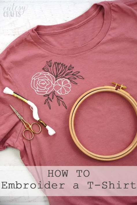 How to Embroider a T-Shirt by Hand - Cutesy Crafts Diy Embroidery Projects, Embroidery Stitches Beginner, Clothes Embroidery Diy, Clothes Embroidery, Learning To Embroider, Embroidery Tshirt, Embroidery Diy, Embroidery Stitches Tutorial, Hand Embroidery Projects