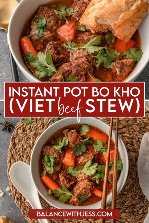 Making Bo Kho, or Vietnamese Beef Stew, in the Instant Pot couldn't be any easier! Sweet and savory beef, onion, and carrots are cooked in a fragrant lemongrass, coconut, and soy broth. Serve it with noodles, rice, or a baguette. This healthy soup is perfect for meal prep or parties! Dairy free, one pot. Crock Pot Vietnamese Recipes, Instapot Vietnamese Recipes, Korean Beef Stew Instant Pot, Vietnamese Beef Stew Instant Pot, Bo Kho Instant Pot Recipe, Chinese Beef Stew Instant Pot, Stew And Soup Recipes, Asian Stew Meat Recipes, Cambodian Beef Stew