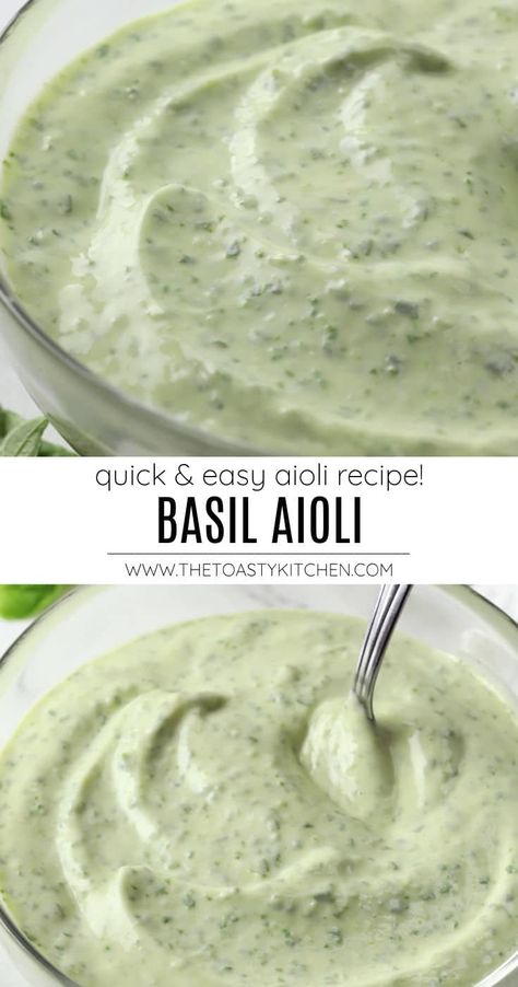 Basil aioli recipe by The Toasty Kitchen. Basil aioli is made with fresh basil, garlic, and lemon juice - bright, flavorful, and perfect for summer! It makes a great spread for sandwiches and burgers, or dipping sauce for fries. #basil #basilaioli #aioli #quickaioli #summeraioli #summerdips #summerspreads #freshbasil #dips #recipe Basil Olive Oil Recipes, Italian Dipping Sauce, Baking With Basil, Fresh Basil Ideas, Recipes Using Fresh Basil, Dipping Sauce For Veggies, Basil Aioli Recipe, Basil Puree, Recipes With Basil