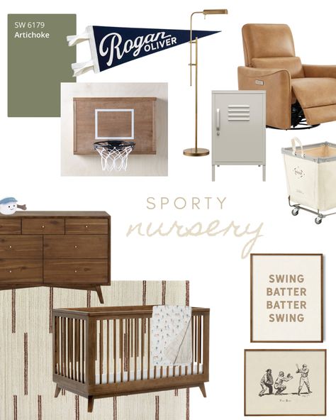 A sophisticated baby room design for a future sports lover - basketball, football, baseball, & golf. Subtle Baseball Nursery, Subtle Sports Nursery, Sporty Nursery Ideas, Baby Boy Sports Nursery Room Ideas, Neutral Baseball Nursery, Pottery Barn Boy Nursery, Antique Sports Nursery, Rustic Sports Nursery, Baseball Baby Room