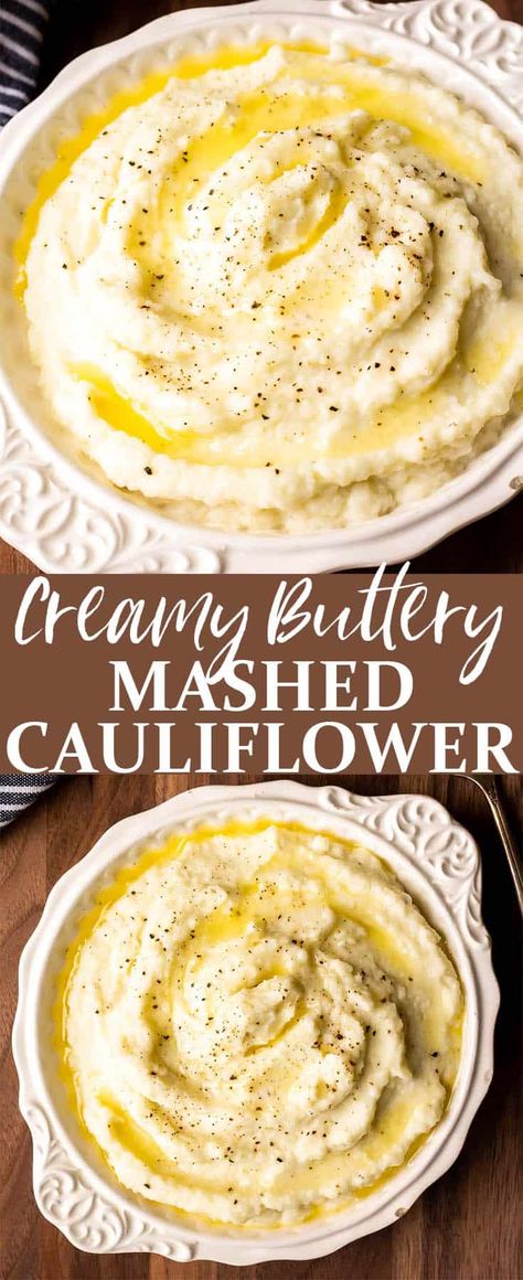 Creamy Mashed Cauliflower is the ultimate low carb side dish. All it takes is 3 ingredients and about 15 minutes to whip up this extra creamy, buttery recipe. There are only 5 grams of net carbs per generous serving, making it also suitable for a keto diet. | #mashedcauliflower #cauliflowersidedishes #sidesdishes #ketosidedishes #ketosides #lowcarbrecipes #mashedcauliflowerrecipe Easy Mashed Cauliflower, Buttery Recipes, Keto Mashed Cauliflower, Cauliflower Side Dish, Mashed Cauliflower Recipe, Creamy Mashed Cauliflower, Carb Side Dishes, Low Carb Side Dish, Baked Potato Salad