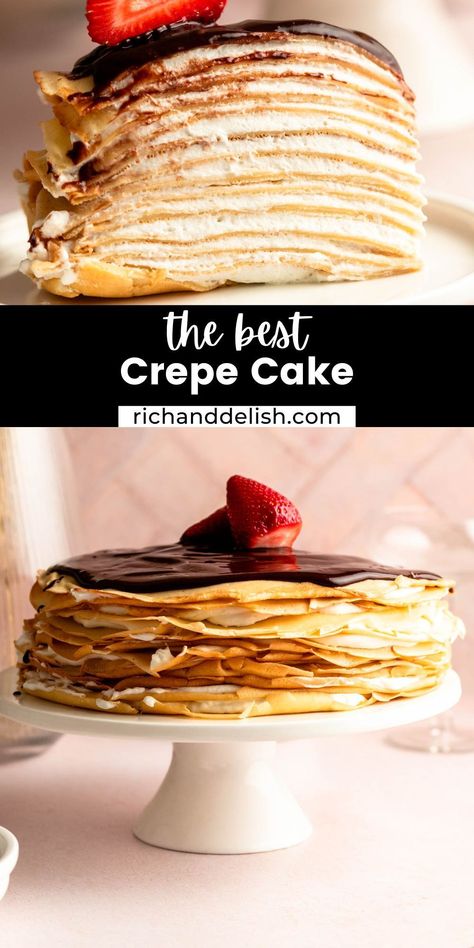 This crepe cake recipe is made by layering French crepes with whipped cream and topped with a delicious chocolate ganache. Mille Crepe Cake, Holiday Recipes Christmas Desserts, Crepe Cake Recipe, Whipped Cream Chocolate, Christmas Main Dishes, Holiday Recipes Thanksgiving, Cream Cheese Desserts, French Crepes, Cake Recipes Easy Homemade