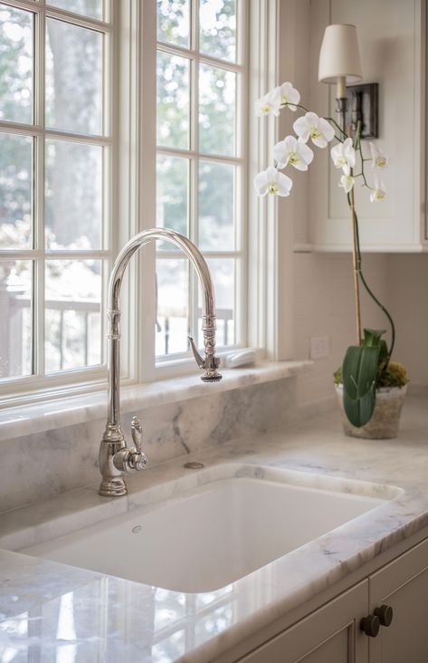 Marble backsplash and window sill to prevent paint peeling. Kitchen - McClure architecture #kitchenremodel #KitchenSinkDouble Kitchen Window Sill Ideas, Carrera Marble Kitchen, Kitchen Sink Window, Faucets Ideas, Quartz Backsplash, Kitchen Window Sill, Inset Cabinets, White Kitchen Sink, Kitchen Favorites