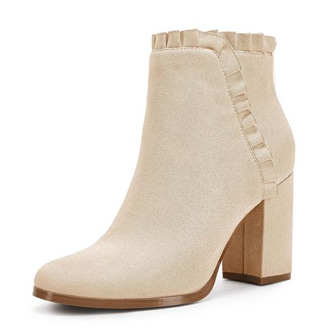 PRICES MAY VARY. FEATURES - casual fall winter ankle boots for women, chunky block high heel, closed round toe, faux suede, side zip, ruffle design, western booties DETAILS - Heel Height: 3", Platform Measures: 0.25"(approx). Side ruffle and side zip design makes these casual fashion boots easy to take on and off Shape with a soft faux leather upper, the ankle boots are modern and tasteful; An almond toe and decorative ruffle add a touch of delicacy and fashion The cute booties provides you comfort with every step; the skin-friendly lining is soft and breathable, delivering a great cozy for all-day wearing These women’s chunky boots go well with skirts, dresses, jeans, leggings, or any other outfits you favorite High Heel Ankle Boots, Booties Shoes, Womens Chunky Heels, Winter Ankle Boots, Western Booties, Block Heel Ankle Boots, Chunky High Heels, Heel Ankle Boots, Chunky Block Heels