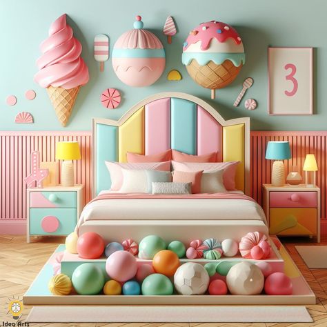 Ice Cream-Shaped Bed Ice Cream Room Decor, Ice Cream Themed Bedroom, Ice Cream Bedroom, Cream Bedroom, Cream Room, Ice Cream Theme, Baby Rooms, Bedroom Themes, Girl Room