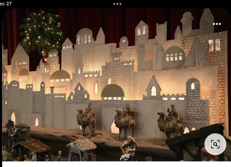 Bethlehem Stage Props, Bethlehem Stage Design, Bethlehem Cardboard Village, Cardboard Bethlehem Scene, Nativity Stage Design, Christmas Belen Design, Christmas Belen, Nativity Backdrop, Christmas Stage Decorations