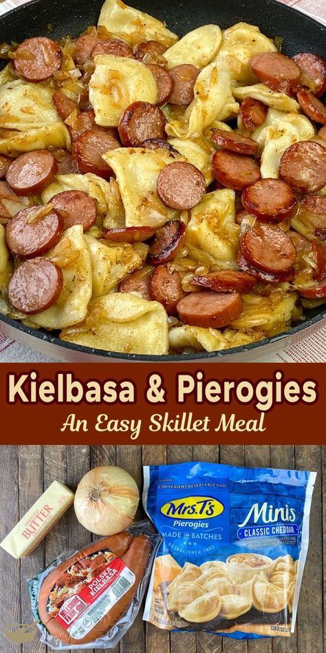 Browned onions in butter make a simple sauce for this easy one skillet meal with Polish origins of Pierogies and Kielbasa. Dinner doesn’t get much better than potato and cheese stuffed mini Pierogi served with warm smoked sausage or Kielbasa! Easy Lazy Dinners, Sausage And Pierogies Sheet Pan, Kalbasa And Perogies, Pierogies And Kielbasa Blackstone, Camping Food Ideas Dinner Easy Meals, Keilbasa Perogie Casserole, Kielbasa And Perogies Recipes Crockpot, Kielbasa Dinner Recipes Easy Meals, Crock Pot Perogies And Kielbasa