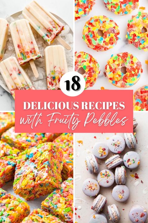 Four fruity pebbles popsicles laying on ice, several fruity pebbles donuts, four fruity pebbles marshmallow treats and several fruity pebbles macarons laying on parchment paper with the title "18 delicious recipes with fruity pebbles" in white letters on a pink background. Fruity Pebbles Dessert Ideas, Fruity Pepples Desserts, Recipes Using Fruity Pebbles, Fruity Pebbles Bars, Fruity Pebbles Dessert Recipes, Fruity Pebble Recipes, Fruity Pebble Desserts, Fruity Pebbles Dessert, Recipes With Fruity Pebbles