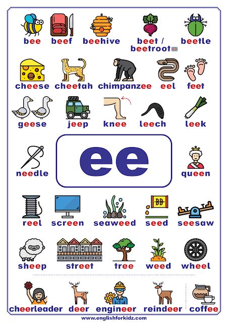 ee words - English phonics printable poster Ee Words Phonics, Ee Phonics, Vowel Diagraphs, Vowel Teams Poster, Phonics Sounds Chart, Ee Words, Phonics Chart, Phonics For Kids, Phonics Posters