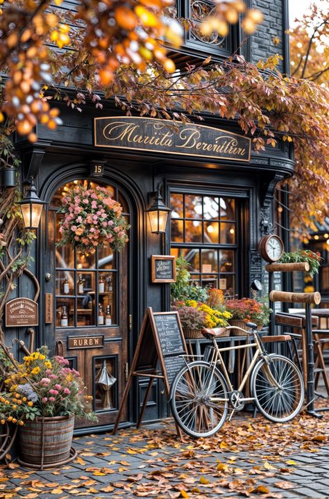 Romantic Coffee Shop, Aesthetic Cafe Shop, Fall Cafe Exterior, Fall Coffee Shop, Coffee Shop Inspiration, Fall Aesthetic Coffee Shop, Autumn Coffee Shop, Autumn Cafe, Autumn Cafe Aesthetic