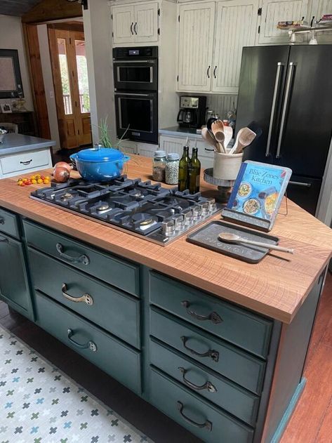 Due to a broken cooktop and vent system, it was time for a kitchen upgrade. We saved LOTS of money by doing this job ourselves. In this post, I'll give you an overview of how we did it in just one weekend!Here's the original look: Stove Top Separate From Oven, Butcher Block Island With Cooktop, Diy Kitchen Island With Stove, Gas Cooktop In Island, Butcher Block Cabinets, Flat Top Stove, Kitchen Island With Cooktop, Kitchen Island With Stove, Island With Stove