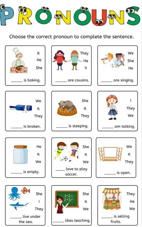 This is a fun worksheet to practice pronouns with your EFL students. Worksheet Pronouns, English Pronouns, Therapy Homework, Teach English To Kids, English Grammar For Kids, Grammar For Kids, English Teaching Materials, English Activities For Kids, English For Beginners