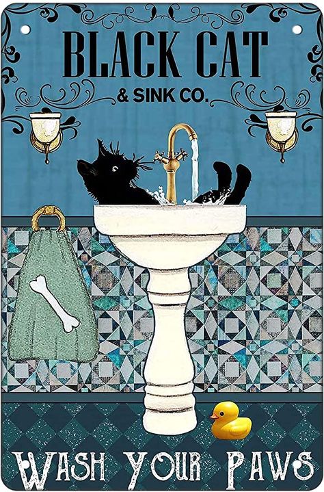 Amazon.com: AntSwegg Funny Bathroom Vintage Metal Tin Sign Black Cat for Cat Lovers Gifts Cat Wall Decor Posters-WASY YOUR PAWS-Home Office Farmhouse Cafe Bar Restaurant Toilet Bathroom Wall Decor Art 8x12 in : Home & Kitchen Restaurant Toilet, Metal Bathroom Walls, Cat Side, Bathroom Retro, Cat Wash, Farmhouse Cafe, Office Farmhouse, Bathroom Vintage, Toilet Art