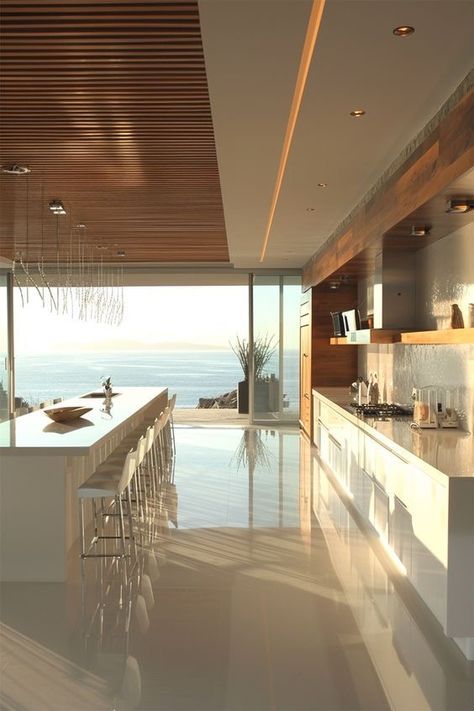 Natural Light Kitchen Ideas, Crystal Home Decor Interior Design, Modern Neutral Kitchen, Light Airy Home, Reflective Floor, Slat Ceiling, Sea View House, Ocean Horizon, Home By The Sea