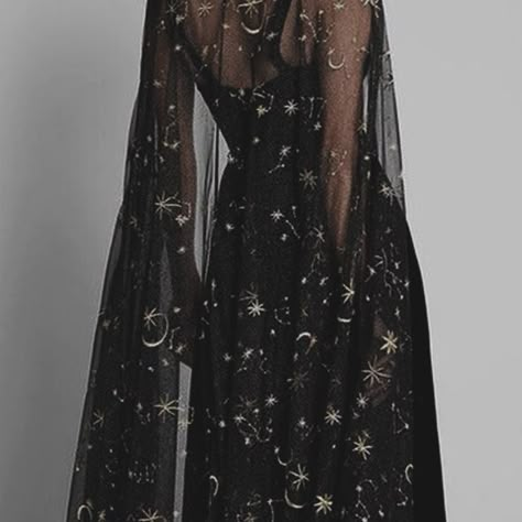 Nyx Goddess Aesthetic Outfit, Black Celestial Wedding Dress, Space Dress Aesthetic, Dress For Yule Ball, Star Dress Gowns, Blue Starry Dress, Sun And Moon Party, Celestial Prom, Starry Clothes