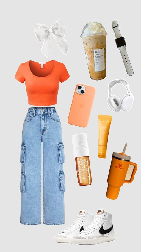 cute orange/fall preppy fit!! #preppy #fall #orangepreppy Preppy Outfits Ideas, Orange Outfits, Orange Fits, Preppy Fall, Orange Outfit, Aesthetic Outfit Ideas, Orange Aesthetic, Cute Outfits For School, Preppy Outfit