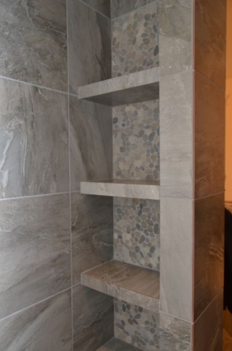 Walk In Shower With Shelves, Stone Shower Shelves, Hidden Shower Walk In, Shower Built In Shelves, Tiled Shelves, Shelves In Shower, Shelf Above Door, Farm Bathroom Ideas, Master Shower Remodel