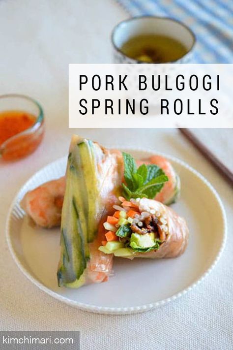 Pork Bulgogi Spring Rolls for a refreshing summer lunch. Lovely fresh spring rolls with a Korean twist of pork bulgogi inside. Great gluten free lunch box idea. #porkrecipes #springrolls #glutenfree #asianrolls #asianappetizers #kimchimari Korean Pork Bulgogi, Vietnamese Fresh Spring Rolls, Korean Appetizers, Pork Bulgogi, Pork Spring Rolls, Korean Pork, Lunch Box Idea, Fresh Spring Rolls, Korean Side Dishes