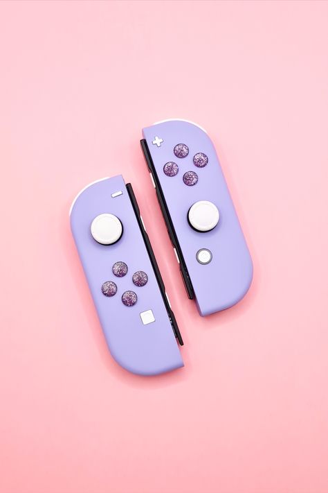 Customized Lavender Nintendo Switch JoyCons with Glitter Buttons Nintendo Switch Aesthetic Purple, Nintendo Switch Joycons, Switch Joycons, Nintendo Switch Aesthetic, Switch Aesthetic, Purple Games, B Day Gifts, Cozy Gaming, Aesthetic Purple