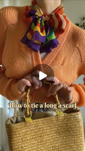 Zornitsa Ivova on Instagram: "How to tie a long silk scarf into a bow 🎀 I have this vintage Missoni scarf for years in my collection 32cmx154cm, but I haven't worn it much before I tried this knot with it. I love how fun and playful it looks when paired with this loose knitted cardigan and the vintage straw bag. Of course, you can choose a scarf with a pattern that fits your personal style and aeshetics. It's all about experimenting and trying something new 🧡 Save this video for your future inspo 🧡" Tie A Silk Scarf, Vintage Missoni, Missoni Scarf, Scarf Bow, Long Silk Scarf, Trying Something New, Vintage Scarf, Knitted Cardigan, New Business