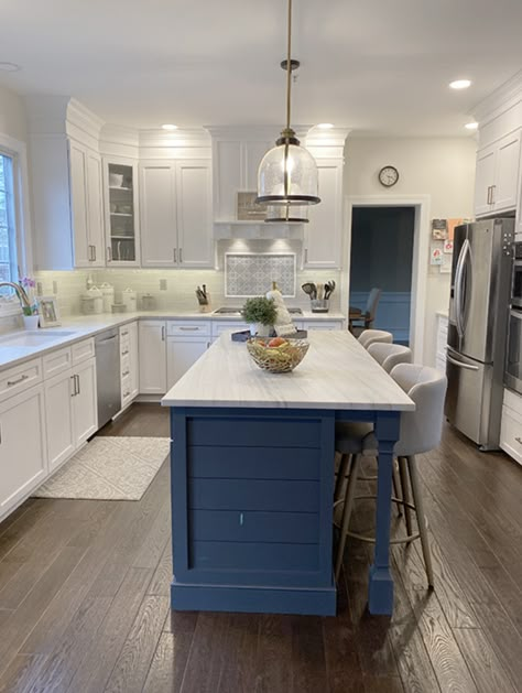 Aristokraft Admiral Blue Cabinets, Grey And Dark Blue Kitchen, Kitchen Island Blue Paint Color, Island For Small Kitchen Ideas, Blue Islands In Kitchen, Blue Island In Kitchen, Blue Kitchen Island White Cabinets, Dark Blue Island Kitchen, Blue Kitchen Island Paint Colors