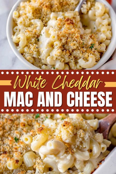 This white cheddar mac and cheese is comfort food at its best! The combination of cheddar and Parmesan is creamy, savory, and delicious. White Cheddar And Bacon Mac And Cheese, Mac And Cheese With White Cheddar, White Creamy Mac And Cheese Recipe, White Shells And Cheese, Healthy White Cheddar Mac And Cheese, Artisan Mac And Cheese, White Cheddar Gouda Mac And Cheese, Best White Cheddar Mac And Cheese, Prime Rib Mac And Cheese