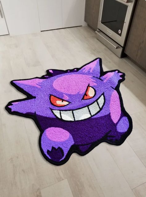 Gengar Room Decor, Cool Carpet Design, Splatoon Room Decor, Tufting Art Ideas, Gengar Rug, Pokémon Rug, Mewtwo Art, Custom Rugs Design, Pokemon Rug