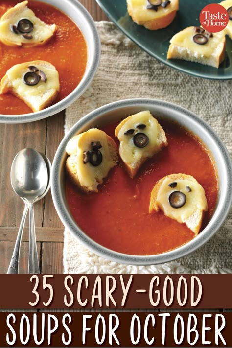 35 Scary-Good Soups for October Halloween Crockpot, Halloween Meals, Halloween Soup, Halloween Bunco, Good Soups, Cheesy Broccoli Soup, Autumn Soup, Halloween Charcuterie, Recetas Halloween