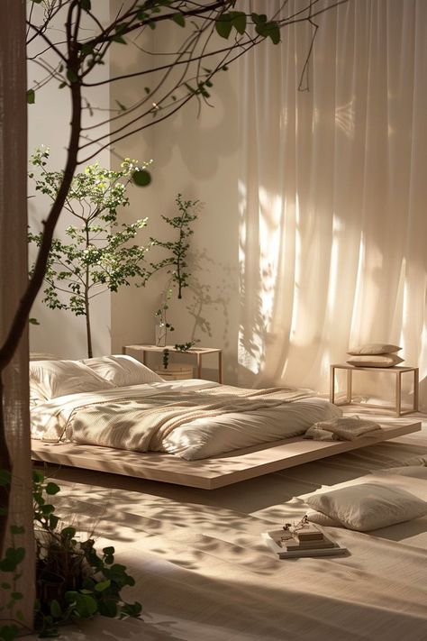 Bedroom Inspiration Cozy Minimalist, Textured Room Design, Lively Bedroom Ideas, On Floor Bed Ideas, Interior Design Styles Bedroom, Modern Cute Bedroom, Modern Cozy Home Interior Design, Simplistic Interior Design, Zen Minimalist Bedroom