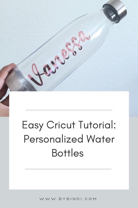 Easy cricut tutorial: personalized vinyl decals for water bottles Cricut Personalized Water Bottles, Cricut Bottle Vinyl Decals, Cricut Water Bottle Vinyl Decals Name, Water Bottles With Vinyl, Cricut Projects Vinyl Tumblers Cute Ideas, Names On Water Bottles Cricut, Personalized Water Bottles Vinyl Decals, Vinyl Decal Sizes For Water Bottles, Diy Water Bottle Labels Cricut