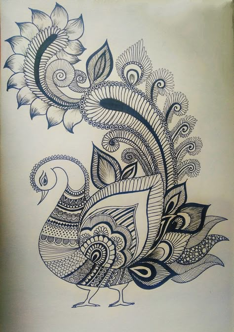 One of Indias traditional form of artwork. "Peacock" Kalamkari Drawing Design, Peacock Drawing Mandala, Kalamkari Peacock Designs, Kalamkari Painting Kalamkari Painting Design, Traditional Drawing Indian, Kalamkari Painting Traditional, Peacock Art Drawing, Kalamkari Drawing, Peacock Drawings