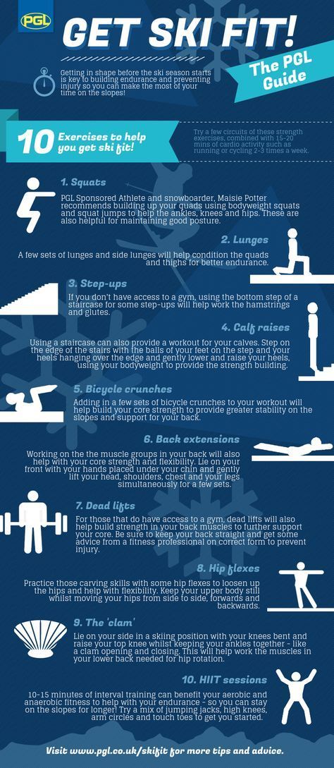 Here are 10 exercises to help get your group ski fit and ready to hit the slopes! #skifit #ski #pglski #toptip #exercise #exerciseforski #schoolski #skitrip #schoolskitrip Ski Conditioning Workouts, Workouts For Snowboarders, Workouts To Prepare For Skiing, Ski Fitness Workout, Ski Season Workout, Ski Exercises Training Workout, Ski Prep Workout, Skiing Workout Training, Skiing Exercises Training