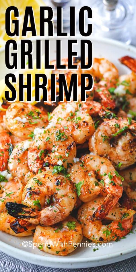 Garlic Grilled Shrimp is a perfect summer staple on the grill! Just a simple soak in this tangy marinade for a delicious shrimp kabob or tucked into a zesty shrimp taco! This will become one of your ‘go-to recipes’ that make summertime livin’ so easy! #spendwithpennies #grilledshrimp #grillingrecipe #grilledrecipes #shrimpmarinade #shrimpskewers #shrimptacos #shrimpkabobs #garlicshrimp #summerrecipe Grilled Shrimp Marinade, Easy Grilled Shrimp Recipes, Shrimp Taco, Shrimp Kabobs, Fresh Shrimp, Grilled Shrimp Recipes, Grilled Dinner, Kabob Recipes, Summer Grilling Recipes