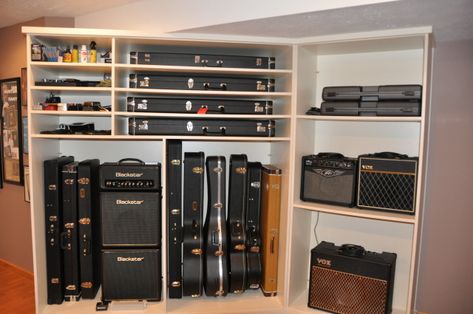 guitar case storage. Save Learn more at users.wowway.com Instrument Storage Ideas, Guitar Storage Cabinet, Guitar Furniture, Guitar Case Storage, Music Room Storage, Instrument Storage, Music Room Office, Guitar Storage, Music Room Design