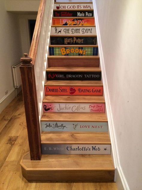 Book spine staircase - love! Basement Movie Room, Movie Room Decor, Painted Stairs, Home Theater Rooms, Home Theater Design, Theatre Room, Theater Room, Cinema Room, Movie Room