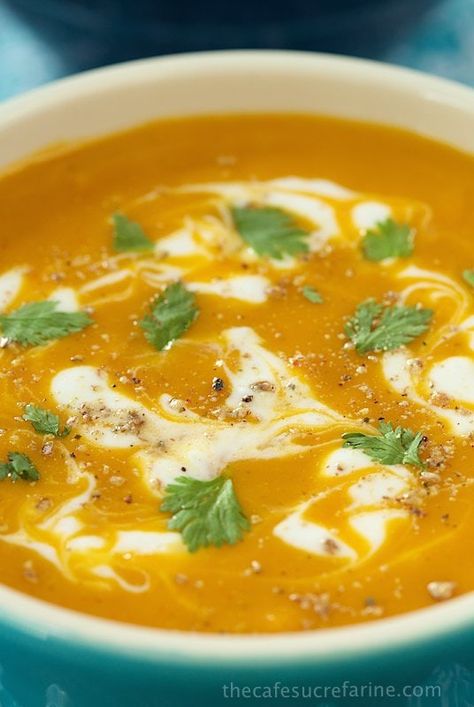 Sweet Potato Coconut Curry Soup https://thecafesucrefarine.com/sweet-potato-coconut-curry-soup/ Potato Coconut Curry, Sweet Potato Coconut Curry, Yam Soup, Coconut Curry Soup, Veggie Broth, Sweet Potato Curry, Curry Soup, Potato Curry, Soup And Sandwich