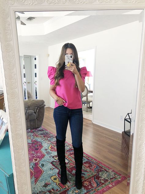 Amazon hot pink blouse - topshop denim and oak boots Styling A Pink Top, Pink Top Work Outfit, Hot Pink Blouse Outfit Work, Colorful Blouse Outfit, Hot Pink Blouse Outfit, Top Rosa Outfit, Outfits Con Top Rosa, Hot Pink Top Outfit, Pink Blouse Outfit