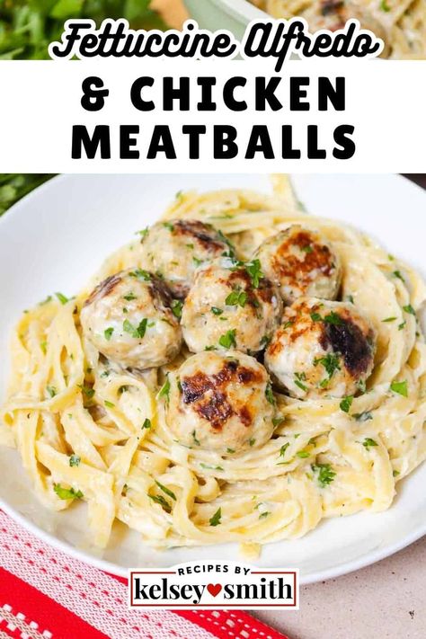 These chicken meatballs with fettuccine Alfredo are made from scratch with ground chicken, breadcrumbs, onion, and freshly grated parmesan. Chicken Alfredo is a delicious and comforting meal. The homemade meatballs are covered in a classic Alfredo sauce made with heavy cream and freshly grated parmesan and served with fettuccine or your favorite pasta. This is an easy dinner recipe with simple ingredients.rn Chicken Meatball Alfredo Pasta, Ground Chicken Alfredo, Chicken Meatballs And Pasta, Parmesan Chicken Alfredo, Chicken Breadcrumbs, Chicken Fettucini, Classic Alfredo Sauce, Ground Chicken Meatballs, Chicken Meatball Recipes