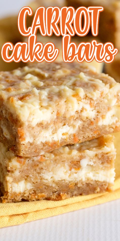 Carrot Cake Bars - These carrot cake bars are so moist and delicious! They have a sprinkle of cinnamon and a cheesecake swirl in them. They're the perfect Easter dessert bars. #easterrecipes #easter #bars #desserts #dessertfoodrecipes #dessertrecipes #desserttable #dessertideas #cookiedoughandovenmitt Easter Dessert Bars, Carrot Cake Bars Recipe, Easter Bars, Cake Bars Recipe, Carrot Cake Bars, Cake Bar, Dessert Bar Recipe, Cookie Bar, Cake Bars