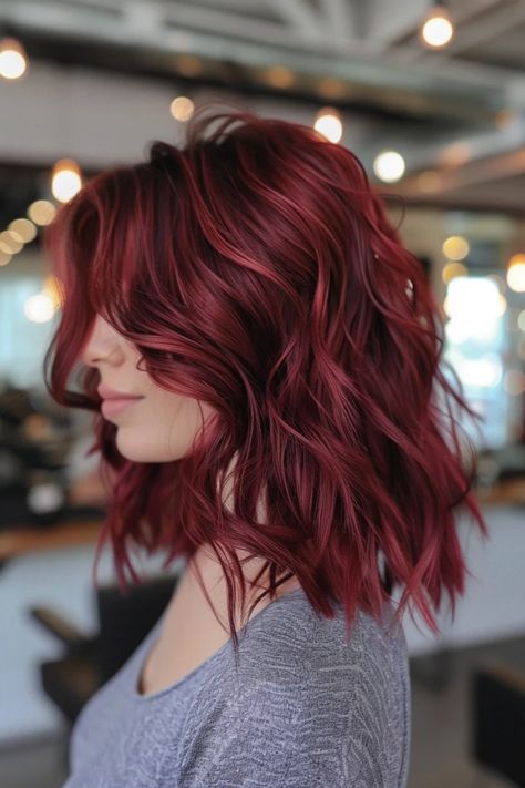 Woman with wavy, shoulder-length burgundy hair in a modern salon. Medium Length Hair With Layers Burgundy, Dark Brown Hair Balayage Auburn Red Ombre, Top Hair Dyed, Wine Coloured Hair, Red Highlights On Red Hair, Cherry Copper Hair Color, Wine Red Hair With Highlights, Red Hair Shag Cut, Dark Red Hair Blonde Highlights