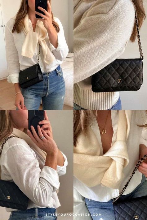 Woc Outfit, Chanel Woc Caviar, Chanel Bag Outfit, Bags Expensive, Look Expensive On A Budget, Minimalist Wardrobe Essentials, Neutral Outfit Ideas, Vintage Wash Jeans, Chic Outfits Classy