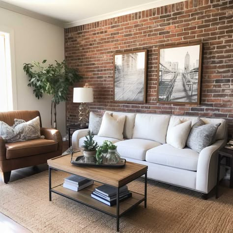 Indoor Brick Wall Ideas Living Room, Brick Wall Living Room Decor, Brick Accent Wall Living Room, Exposed Brick Walls Living Room, Red Brick Living Room, Living Room With Exposed Brick, Living Room Brick Wall, Exposed Brick Living Room, Brick House Interior