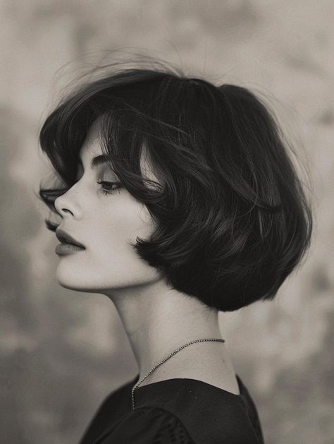 Master the Chic French Bob Haircut 60s French Bob Haircut, French Bob Middle Part, Side Bangs Bob Haircut, French Bob Side Bangs, Short Black Hair Round Face, French Bob Style, Short Chic Haircuts, Short Hair Woman Aesthetic, Vintage Haircut Women